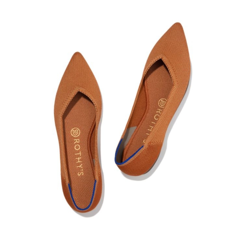 Rothy's Pointed Toe Flats in Burnt Orange with Blue Trim